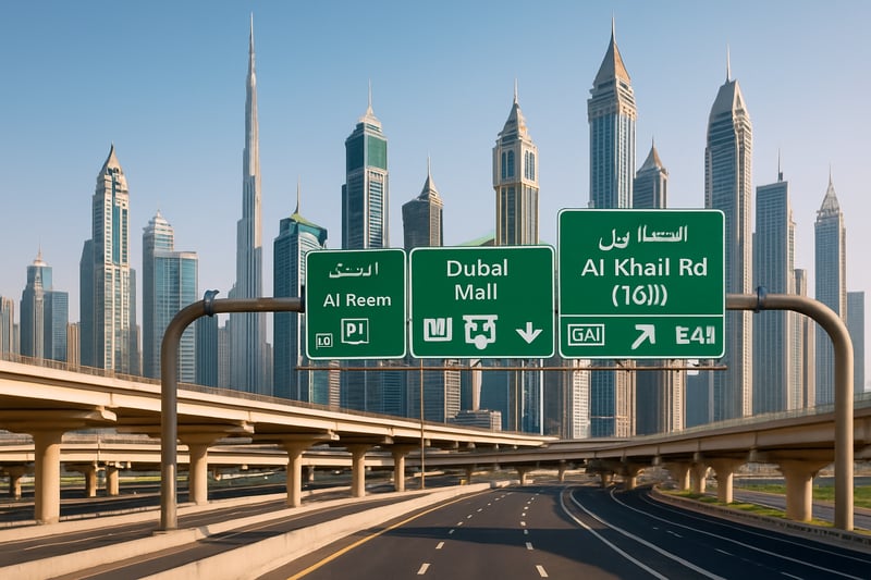 Dubai skyline with modern highways and toll road signage