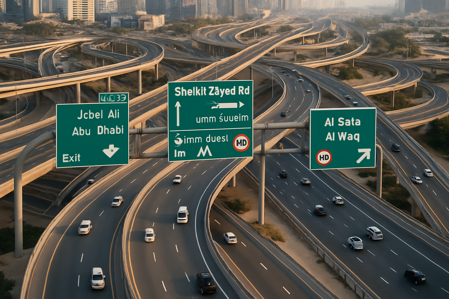 Aerial view of Dubai’s expressways with electronic signage